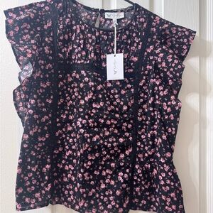 Jessica Simpson Black Blouse with Pink Floral Print and Ruffle Sleeves